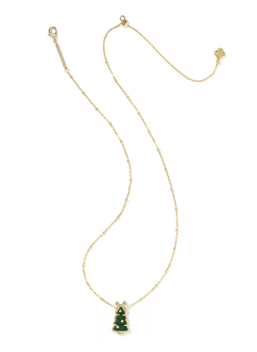 Kendra Scott Holiday Bow Tree Short Pendant Necklace / Gold Green Quartzite
