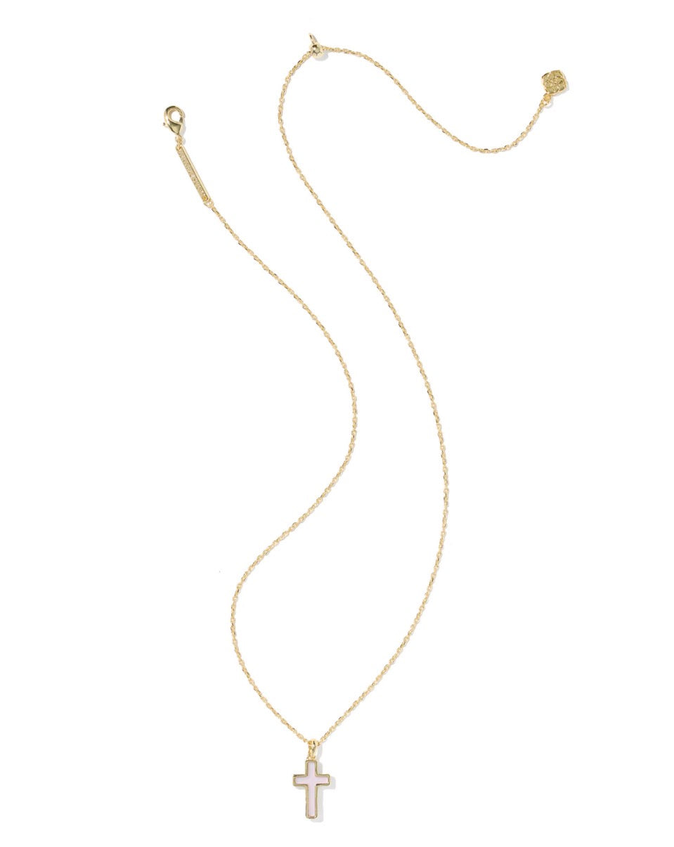 Kendra Scott Cross Pendant Necklace / Gold Matte Blush Pink Dichroic Glass