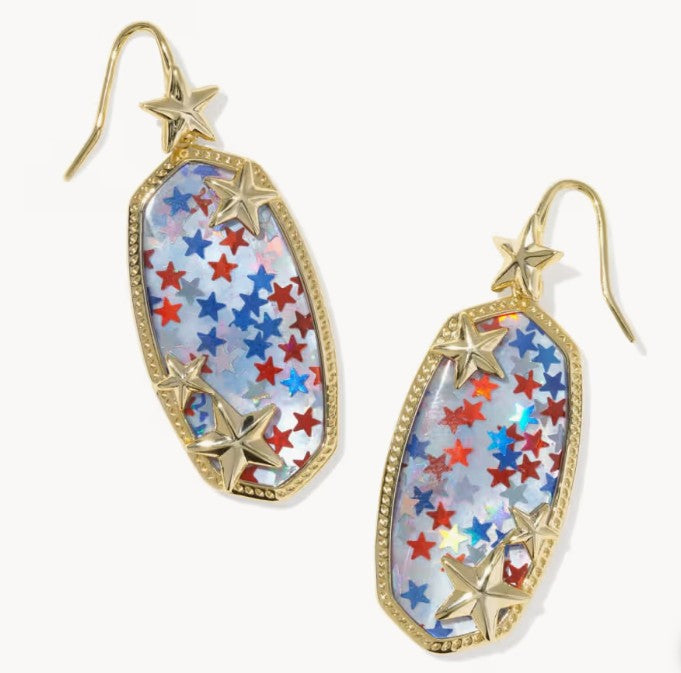 Kendra Scott Elle Multi Star Gold Drop Earrings / Red White Blue Star Illusion