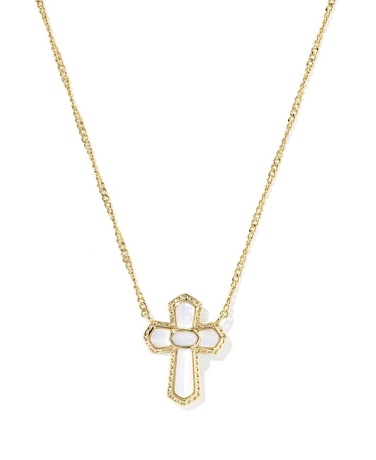 Kendra Scott Cross Medallion Short Pendant Necklace / Gold Ivory Mother of Pearl