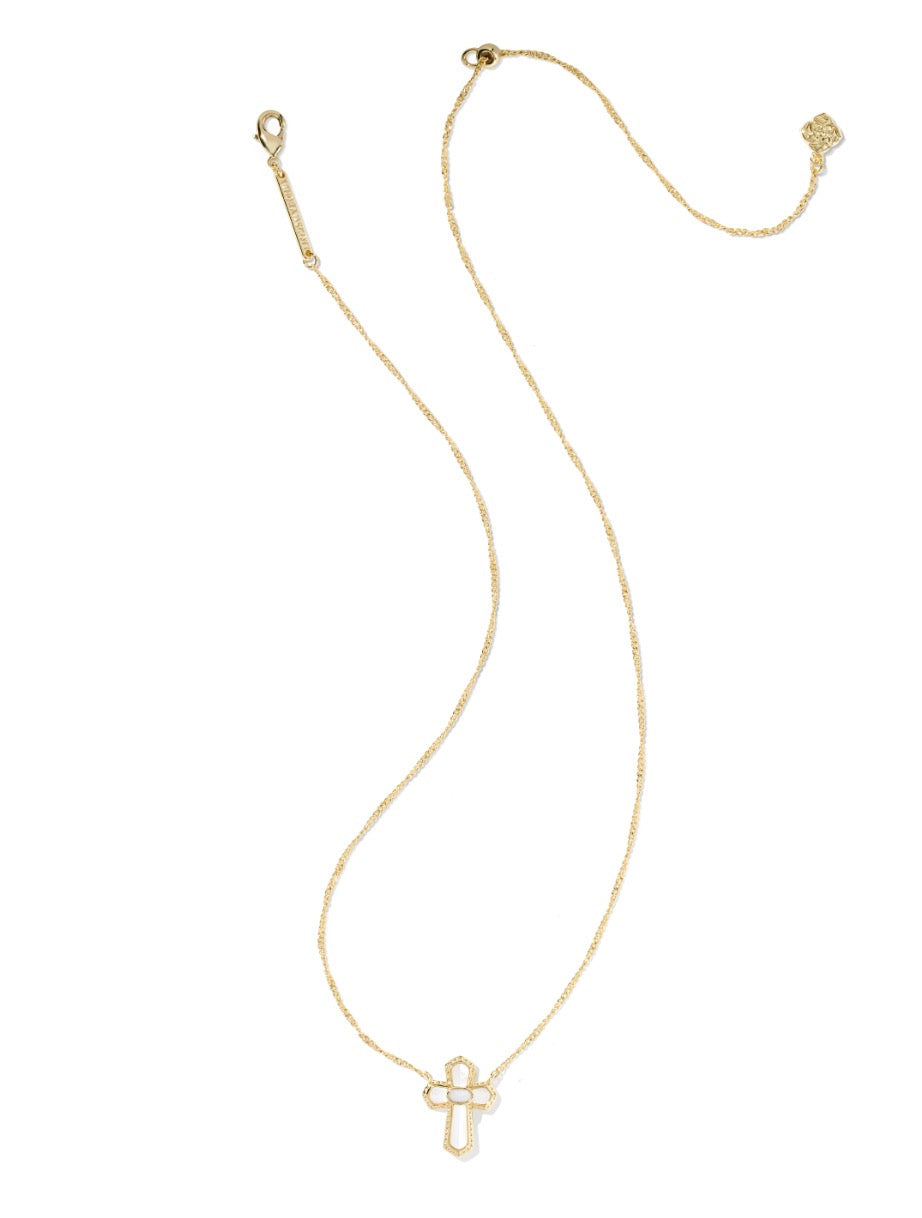 Kendra Scott Cross Medallion Short Pendant Necklace / Gold Ivory Mother of Pearl
