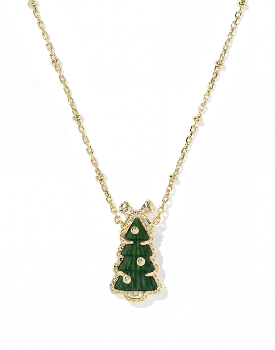 Kendra Scott Holiday Bow Tree Short Pendant Necklace / Gold Green Quartzite