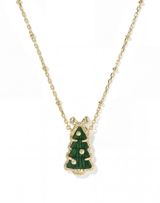 Kendra Scott Holiday Bow Tree Short Pendant Necklace / Gold Green Quartzite