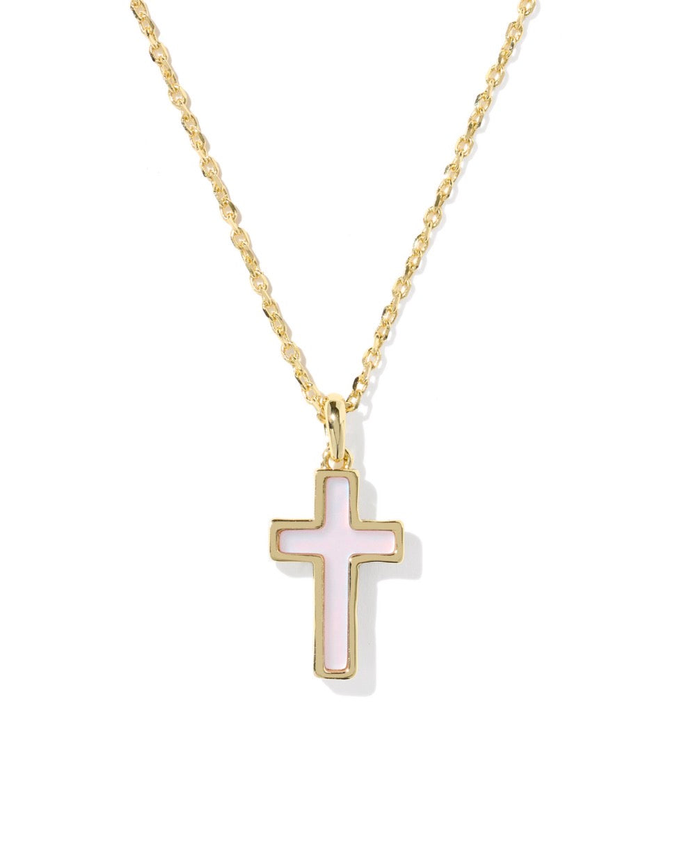 Kendra Scott Cross Pendant Necklace / Gold Matte Blush Pink Dichroic Glass