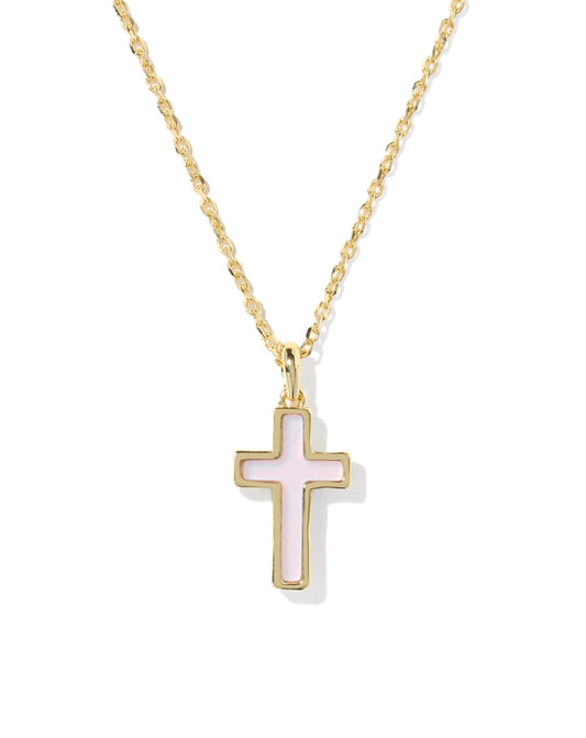 Kendra Scott Cross Pendant Necklace / Gold Matte Blush Pink Dichroic Glass