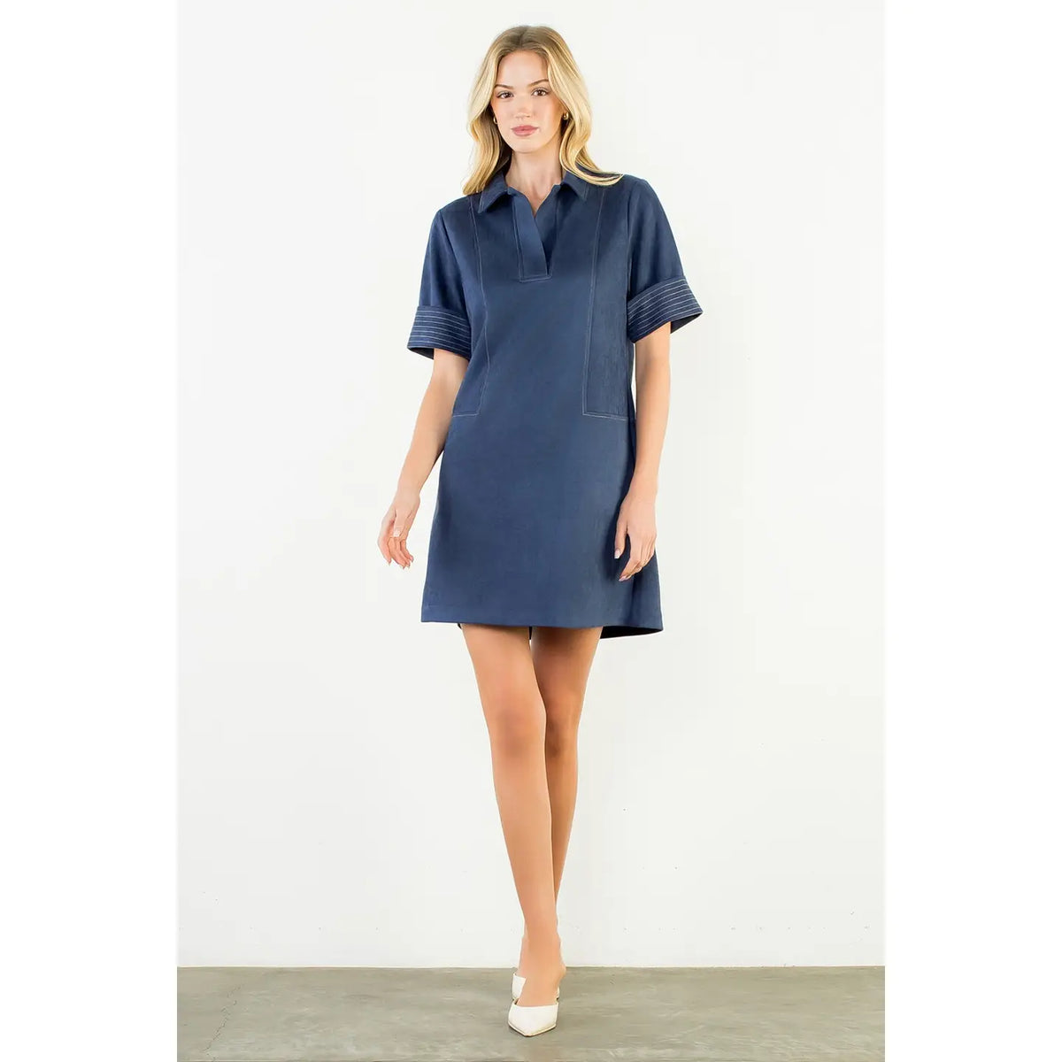 Collared Short Suede Solid Dress | Navy
