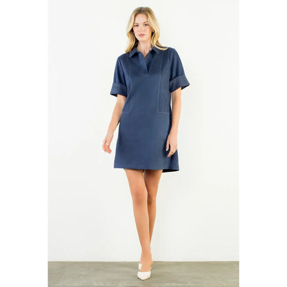 Collared Short Suede Solid Dress | Navy