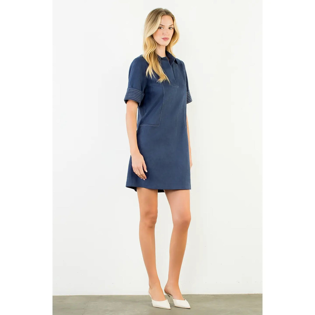 Collared Short Suede Solid Dress | Navy
