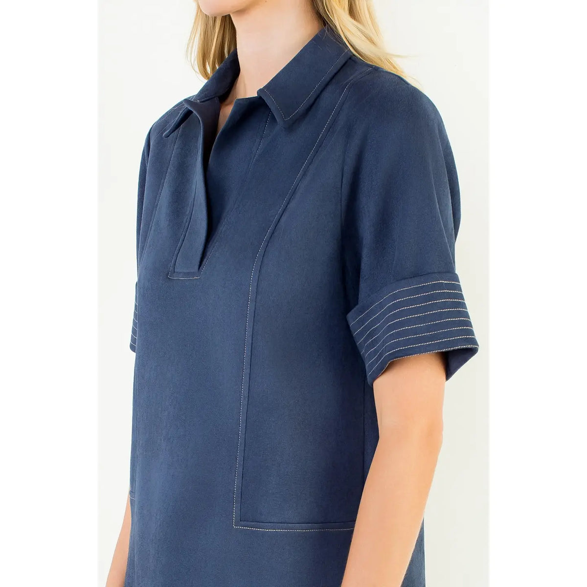 Collared Short Suede Solid Dress | Navy
