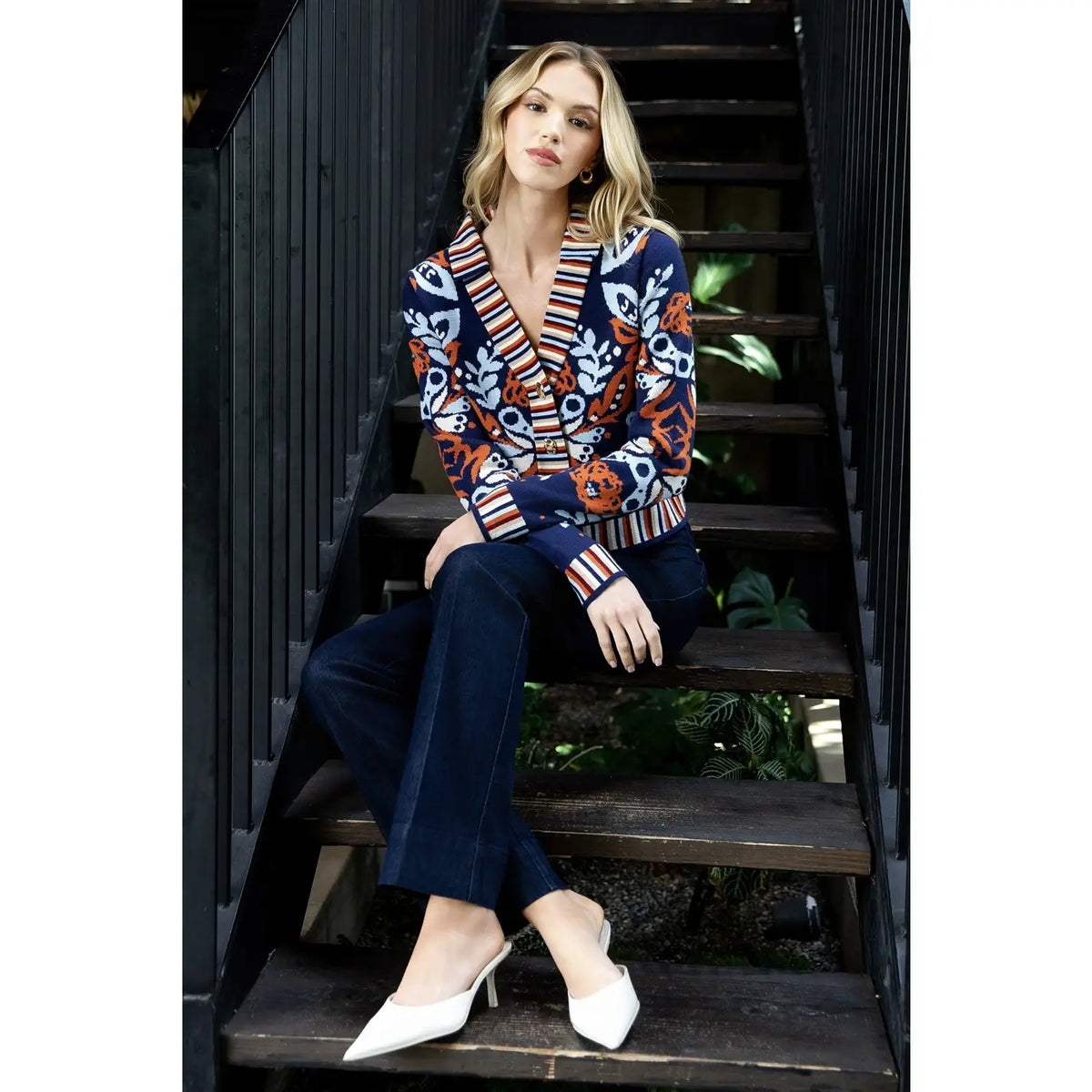 Floral V-Neck Cardigan with Gold Buttons | Navy