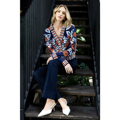 Floral V-Neck Cardigan with Gold Buttons | Navy