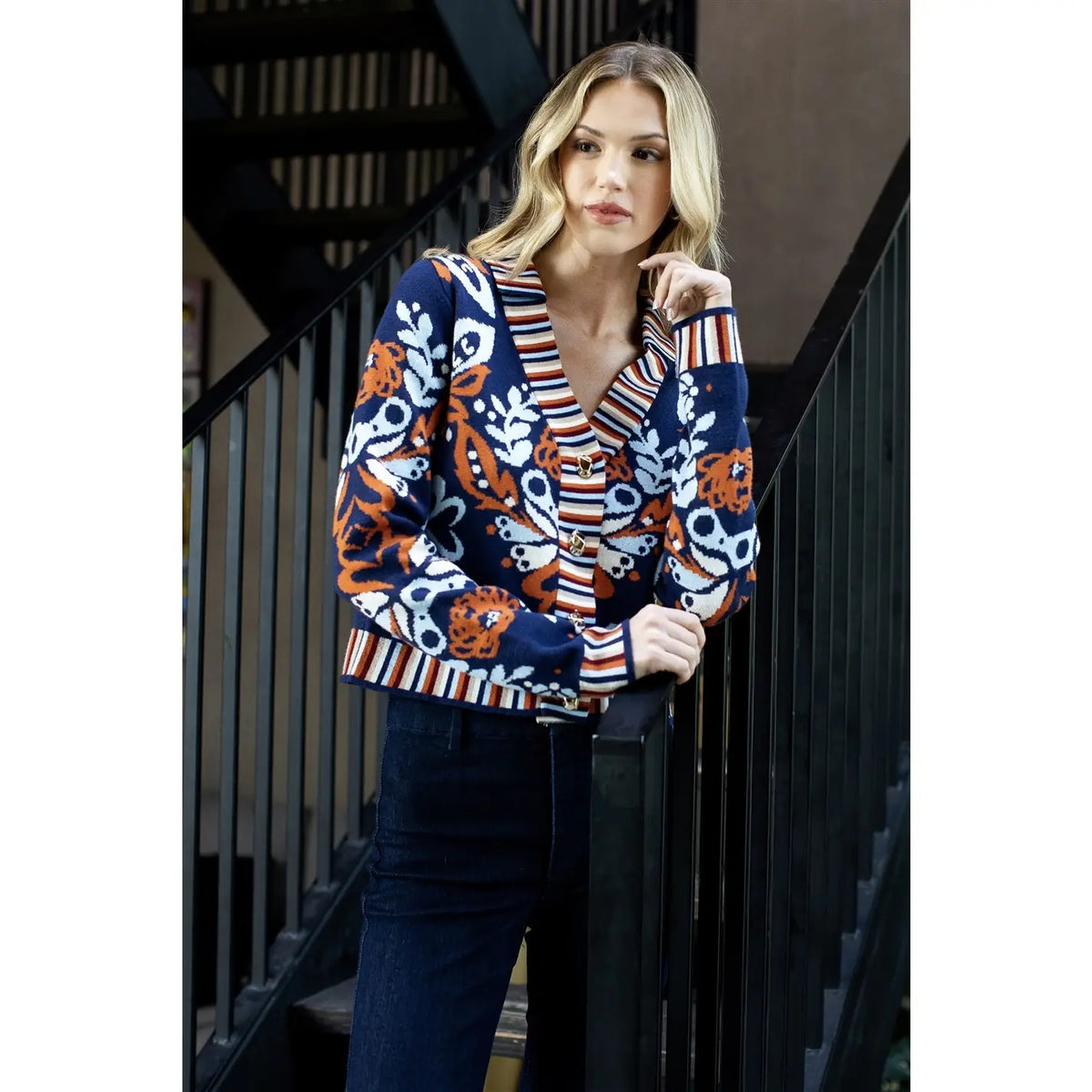 Floral V-Neck Cardigan with Gold Buttons | Navy