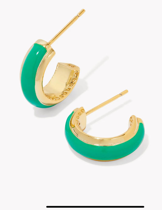 Kendra Scott Ainsley Huggie Earrings / Gold Green Enamel