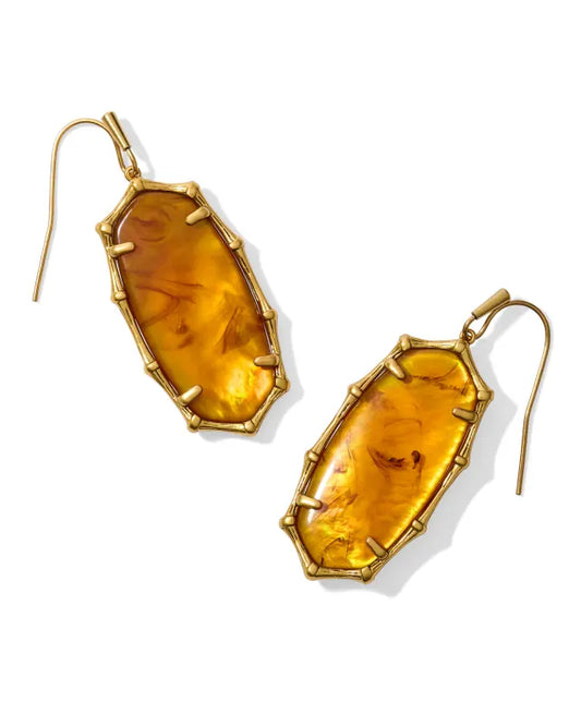 Kendra Scott Elle Bamboo Frame Drop Earrings / Gold Marbled Amber Illusion