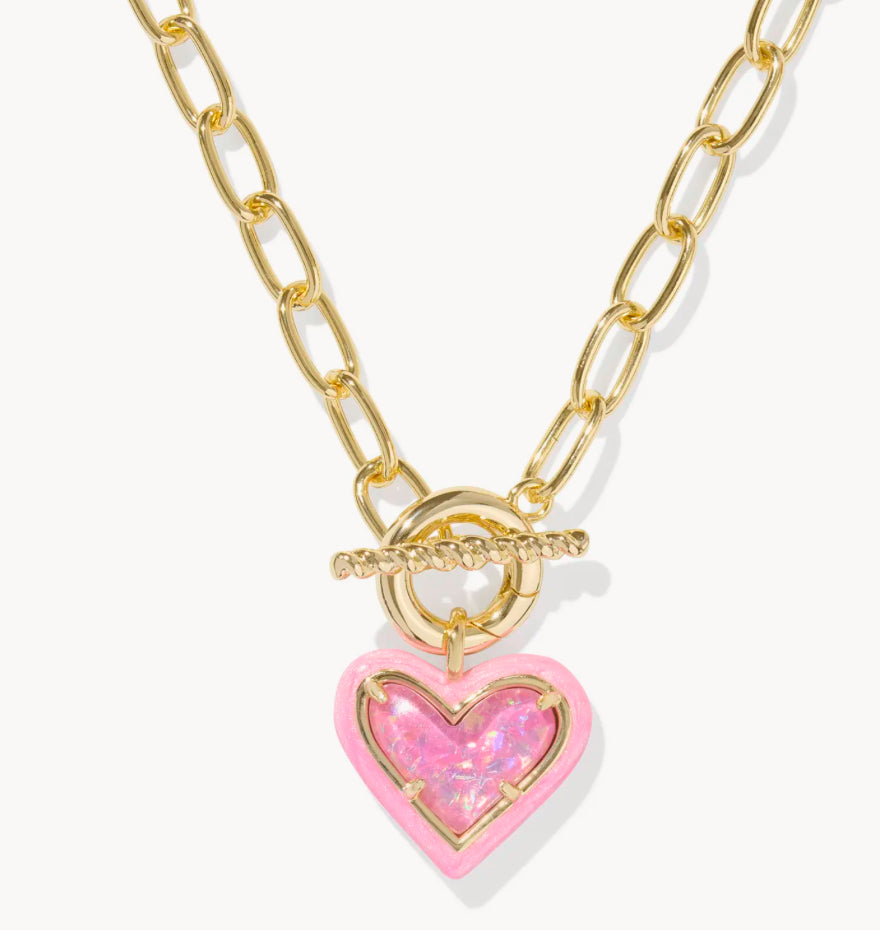 Kendra Scott Ari Heart Enamel Frame Link And Chain Necklace /  Gold Pink Iridescent Glitter Glass