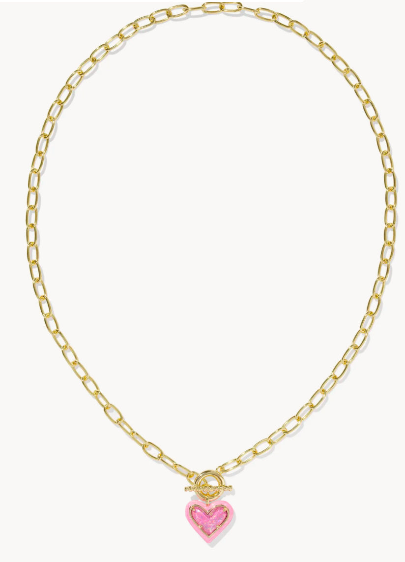 Kendra Scott Ari Heart Enamel Frame Link And Chain Necklace /  Gold Pink Iridescent Glitter Glass