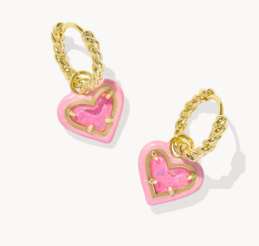 Kendra Scott Ari Heart Enamel Frame Huggie Earrings / Gold Pink Iridescent Glitter Glass