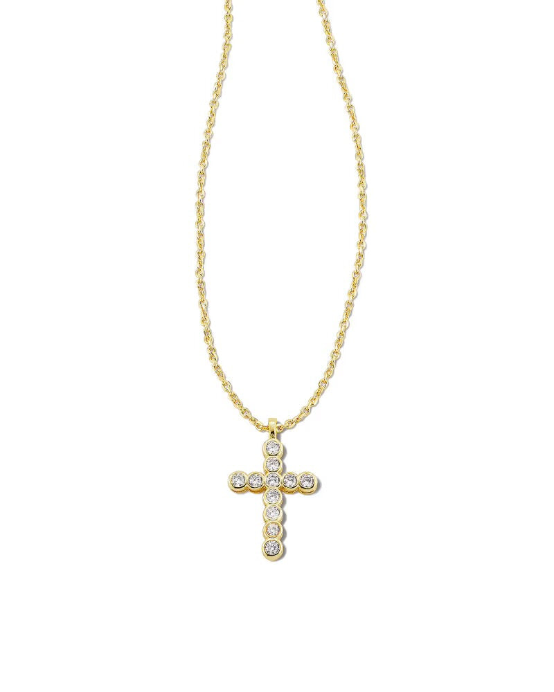 Kendra Scott Cross Gold Pendant Necklace in White CZ