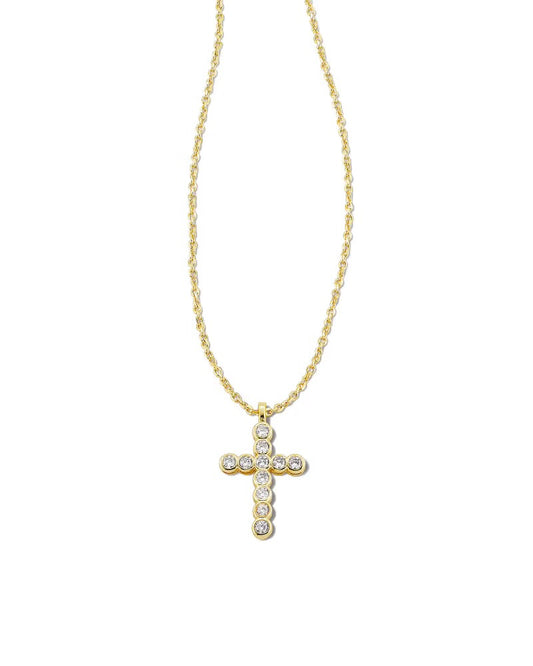 Kendra Scott Cross Gold Pendant Necklace in White CZ