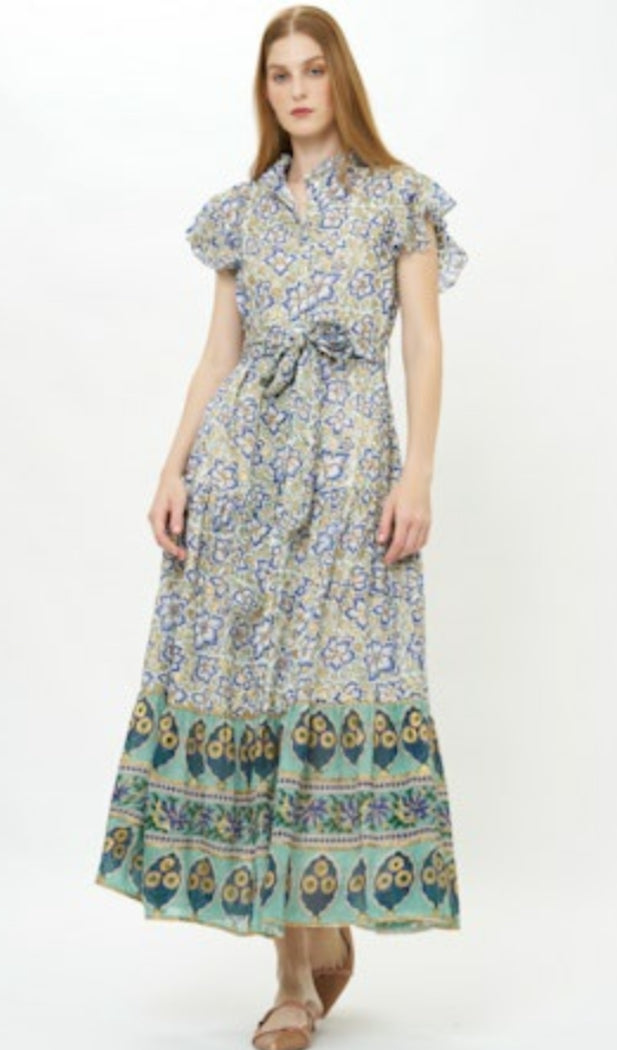 Ruffle Collar Button Maxi | Ivy Cobalt