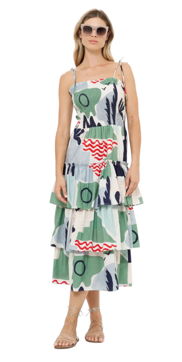 Smocked Tie Strap Ruffle Midi | Riviera Sage