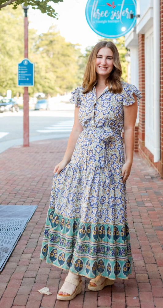 Ruffle Collar Button Maxi | Ivy Cobalt