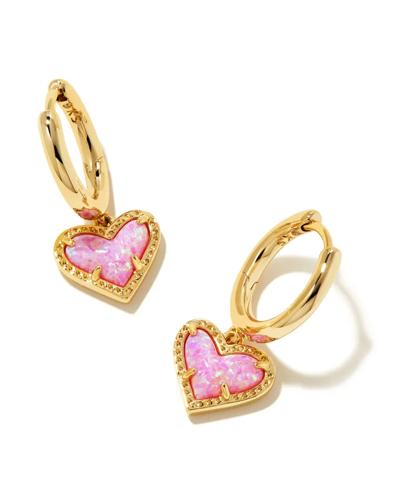 Kendra Scott Ari Heart Huggie Earrings / Gold Bubblegum Pink Kyocera Opal