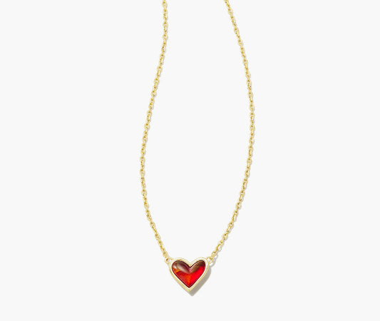 Kendra Scott Framed Ari Heart Short Pendant Necklace / Gold Red Opalescent Resin