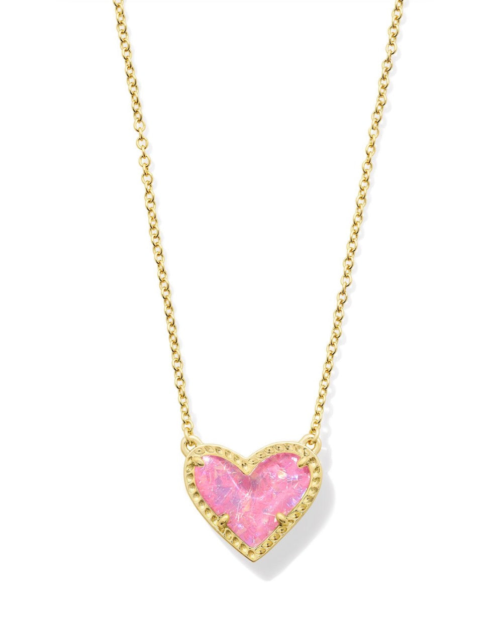 Kendra Scott Ari Heart Short Pendant Necklace | Gold Pink Iridescent Glitter