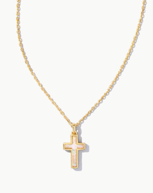Kendra Scott Cross Pendant Necklace / Gold White Opal