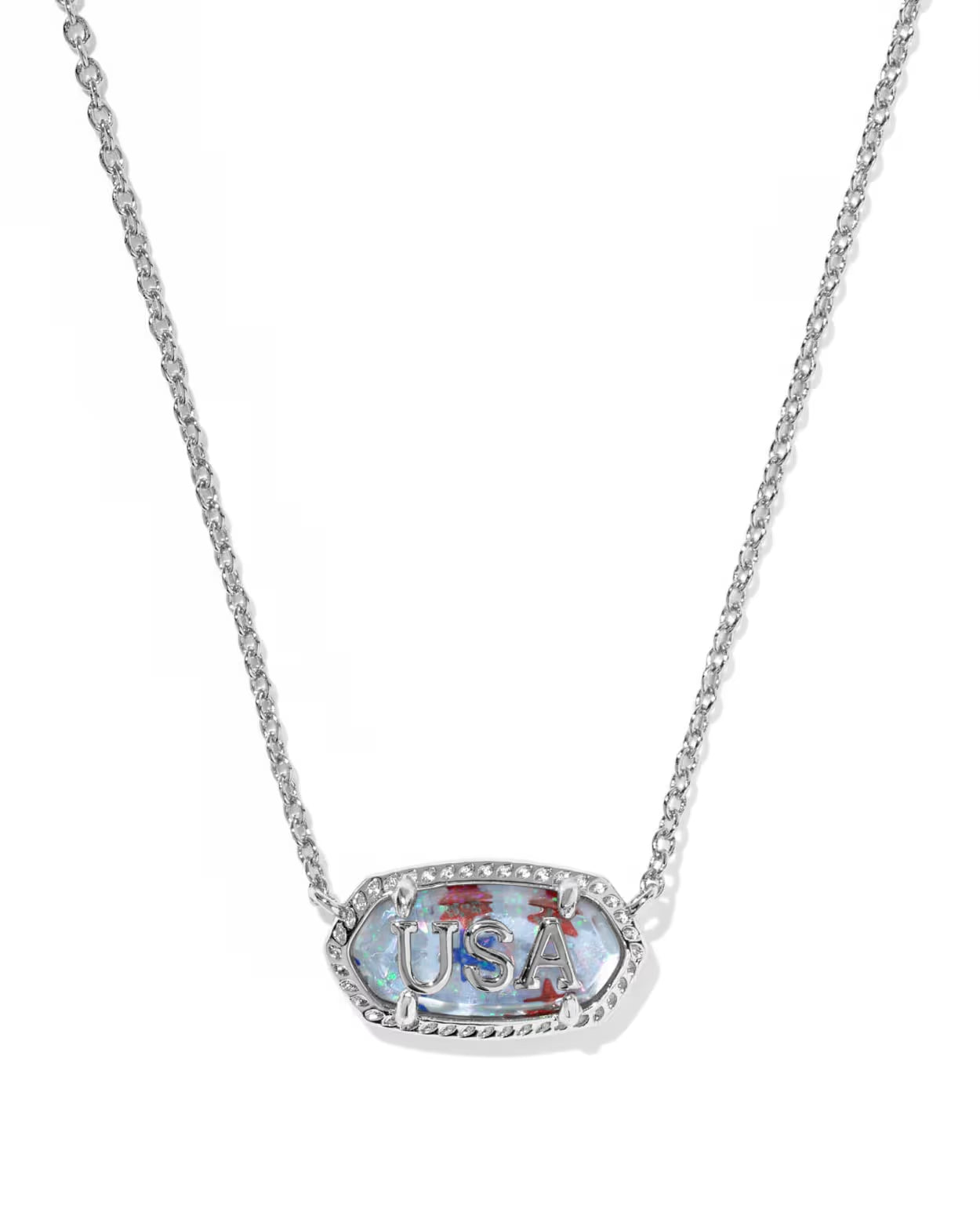 Kendra Scott Mini Elisa USA Pendant Silver Necklace /   Red White Blue